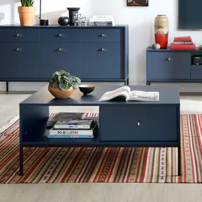 Produktbild von Komodee, Couchtisch, MONCTON - Dunkelblau - Metallgriffe - Schublade - Breite 104 cm, Höhe 46 cm, Tiefe 68 cm
