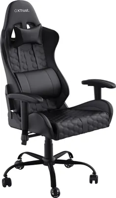 A black gaming chair is shown against a white background.
