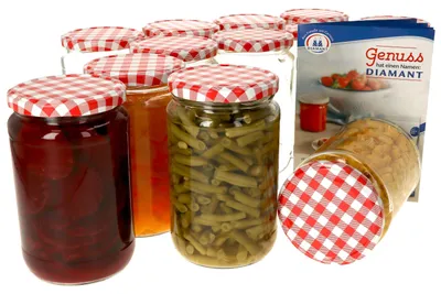 Produktbild von 12er Set Einmachglas 720 ml Deckel Rot Weiß Kariert Einkochgläser Vorratsglas Glas Aufbewahrung