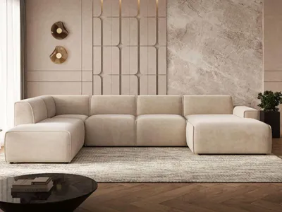Produktbild von GrainGold Ecksofa U-Form Links Belluno - Ecksofa mit Schlaffunktion, Bettkasten - Moderne Ecksofa, Wohnzimmer Sofa - Eckcouch Beige (Castel 15)