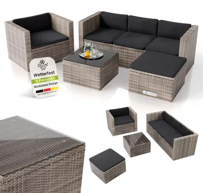 Produktbild von Juskys Polyrattan Lounge Punta Cana L grau-meliert – Gartenlounge für 4-5 Personen – Sitzgruppe mit Sessel, Sofa, Tisch & Hocker - Sitzbezüge Grau
