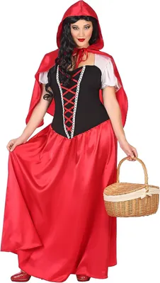 A woman in a Little Red Riding Hood costume holding a basket.