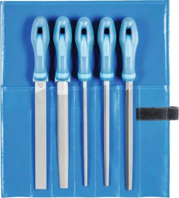 Obrázek produktu pro PFERD 11800541, Sada pilníků, Ploché složky, Půlkulatý pilník, Kulatý pilník, Čtyřhranný pilník, Trojhranný pilník, Hliník, Mosaz, Litina, Litá ocel, Měď, Ocel, Zinek, Modrá, 250 mm, Německo