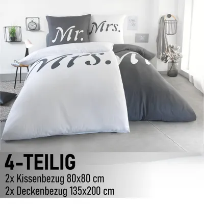 Zdjęcie produktu dla Komplet pościeli dla dwojga Kuscheli® składający się z 4 elementów: prześcieradło 135x200 cm, 2 poszewki na poduszki 80x80 cm | Certyfikat ÖkoTex | Miękki jak jedwab, pościel z mikrofibry dla par, kolor: MR-MRS, szaro-biały, rozmiar: 135x200 + 80x80