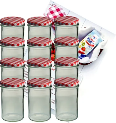 A set of twelve glass jars with red and white checkered lids, along with a small packet of jelly powder.