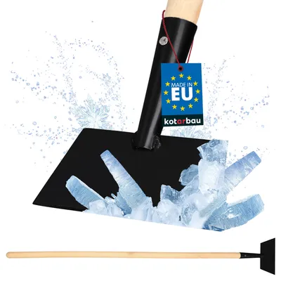 A product shot of an ice scraper with ice shards and water splashes, with a product tag.