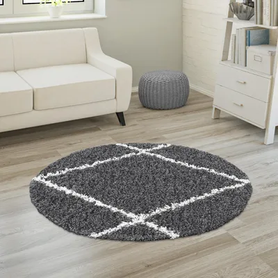 Produktbild von Hochflor Teppich Wohnzimmer Shaggy Langflor Skandinavisches Rauten Muster Grösse 200 cm Rund