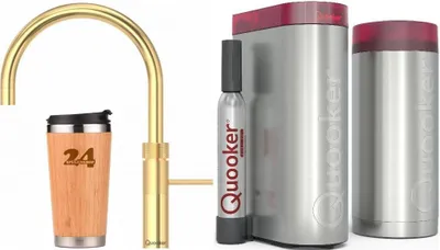 Produktbild von QUOOKER FUSION ROUND Festauslauf 24 Karat Gold COMBI B mit CUBE 2 (22FRGLDCUBE) 100°C Kochendwasserhahn mit Trinkwassersystem *Inklusive Thermobecher