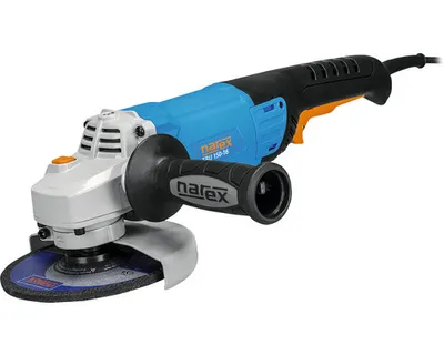 A studio shot of an angle grinder against a white background.