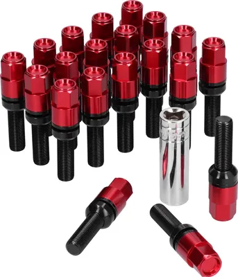 Obrázok produktu pre 20 predĺžených oceľových skrutiek kolies, M12 x 1,25, 28 mm závit s objímkou, univerzálne pre CarRed