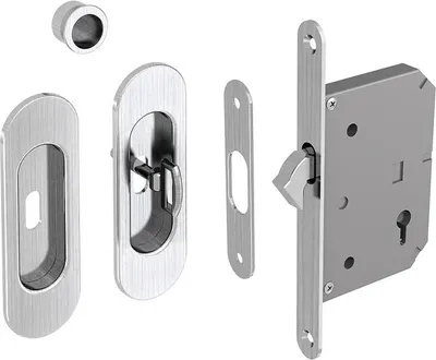 Produktbild von Hakenschloss Set für Schiebetüren, mit Schlüssel, ovale Türrosette mit Griffmulde, Nickel gebürstet