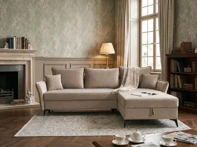 Obrázek produktu pro Rohová sedačka NORDELO s rozkládací funkcí a úložným prostorem, model COSOLETO, rozměry 262x182x100 cm, barva béžová, tvar L, potah z veluru BLUVEL