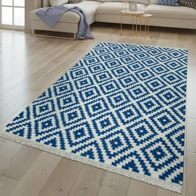 Produktbild von TT Home Handgewebter Fransen Trend Teppich | Moderne Marokkanische Muster | Blau Weiß Größe 200x300 cm