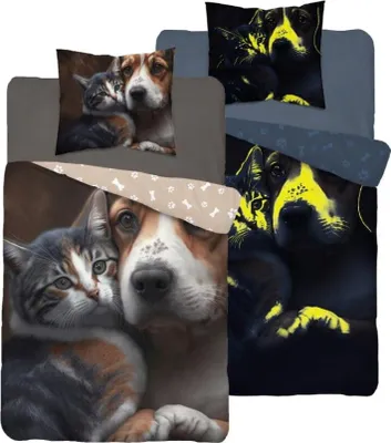 Produktbild von Bettwäscheset leuchtet im Dunkeln 160x200 Kätzchen Hund