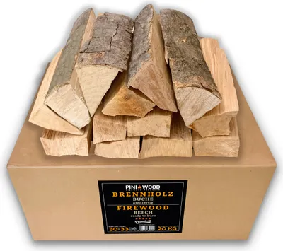 A box of firewood with the lid open, showing several logs of wood.