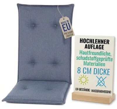 Produktbild von Pillows24 - Hochlehner Auflagen 120x50x8 cm | Gesteppte Wetterfeste Gartenstuhlauflagen | Polster Sitzkissen für  Gartenmöbel |   EU | Blau