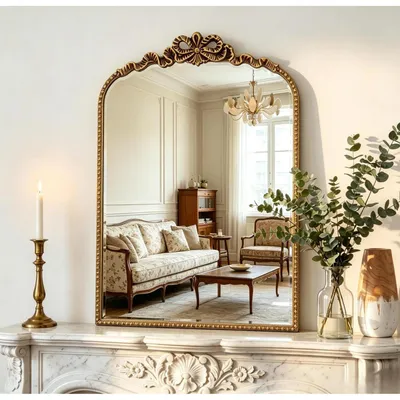 Image de Miroir mural baroque, 40x61 cm, doré, en fer, style vintage, forme en arc