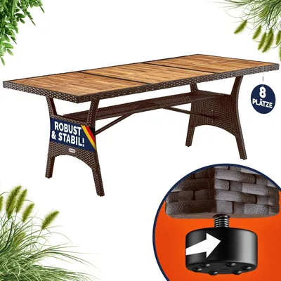 Produktbild von CASARIA® Polyrattan Gartentisch mit Ablage FSC®- zertifiziertes Akazienholz 190x90 cm Höhenverstellbar Wetterfest Garten Terrasse Esstisch Tisch Braun