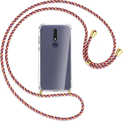 Produktbild von Handykette Backcover-Schutzhülle mit Band (Metall goldfarben) für Nokia 3.1 Plus - weinrot/gelb/grau