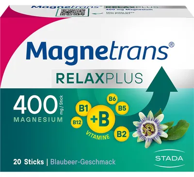 Produktbild von Magnetrans RelaxPlus, 400mg Magnesium, Direktgranulat-Sticks mit Blaubeergeschmack, für Muskeln, Nerven & Ausgeglichenheit, 20 Sticks