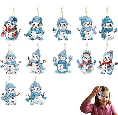 Produktbild von Schneemann Diamond Painting Set Kinder 12 Stück mit Schlüsselanhängern Acryl Strasssteine