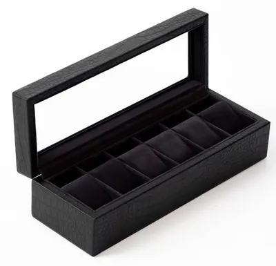 Imagen del producto de Elegante caja para relojes de pulsera, color , fabricada en cuero sintético y con cubierta de cristal