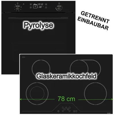 Produktbild von Herdset Pyrolyse Backofen BURG 78L visioTouch Display + h|tech Elektrokochfeld 78cm Zweikreis Bräterzone