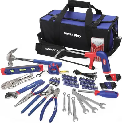 Immagine prodotto di Set di utensili universali WORKPRO 156 pezzi in borsa; pinze, chiavi, punte, livella, metro a nastro, martello