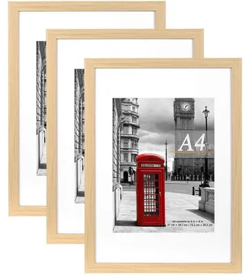 Obrázek produktu pro Rámečky na fotografie formátu A4 s rámečkem, 3 kusy, vhodné k postavení i zavěšení na zeď, plast, přírodní barvy
