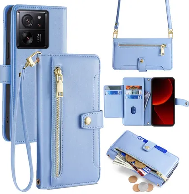 Produktbild von Handykette Xiaomi Hülle mit Band Handyhülle Kartenfächer Kunstleder Umhängetasche 13T / 13T Pro Hellblau