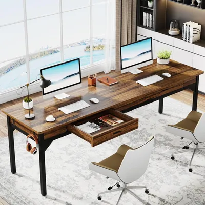 Imagen del producto de Escritorio doble de 198 cm - Escritorio de ordenador extra largo con cajones y espacio de almacenamiento en color marrón rústico