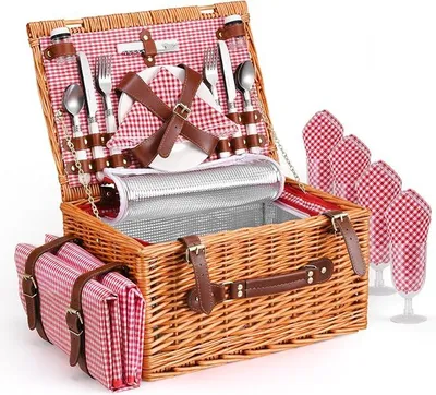 Imagen del producto de Cesta de picnic para 4 personas, con compartimento refrigerante y manta de picnic impermeable. Set de picnic que incluye 4 juegos de cubiertos y platos. Ideal para picnics, camping, viajes y la playa (roja)