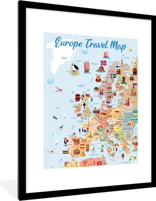 Produktbild von MuchoWow® MuchoWow® Gerahmtes Poster Karte - Europa - Reisen 60x80 cm - Poster mit zchwarzem Bilderrahmen - Wohnzimmer - Dekorationen - Prämie