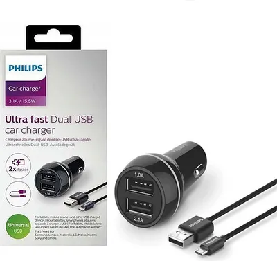 Zdjęcie produktu dla Ładowarka Samochodowa 2A+1A Czarna Philips + Kabel Micro Usb 3100Ma 2Xusb Dual 15.5W Quick Charge Dlp2357U/10