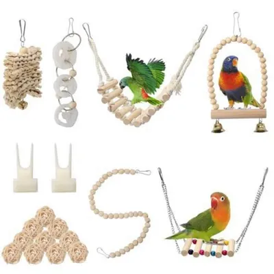 Produktbild von 18-teiliges Vogelspielzeug Set für Papageien und Kleinvögel, Kauspielzeug, Hängematte, Leiter