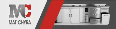 A banner image featuring a logo and a stainless steel kitchen counter with cabinets and drawers.