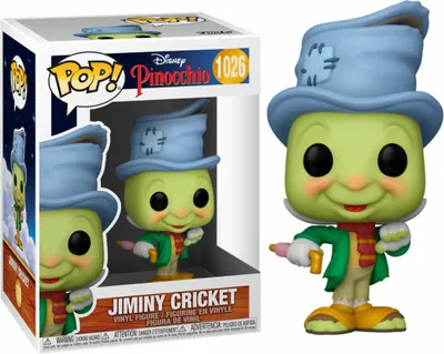 A Funko Pop! vinyl figure of Jiminy Cricket from Disney's Pinocchio, shown both inside its packaging and outside.