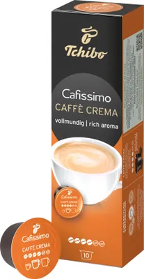 A box of Tchibo Cafissimo Caffè Crema coffee capsules, with two capsules shown in the foreground.