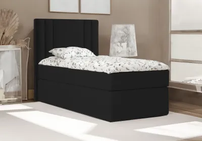 A black bed with a patterned duvet and pillow is shown in a room.