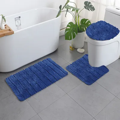 Image de set de 3 tapis de bain - tapis à rayures Tapis de bain Housse de toilette Tapis de salle de bain, bleu