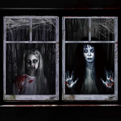 Productafbeelding van Halloween raamdecoraties, 2 stuks. Griezelige gordijnen, 120 x 80 cm. Decoratie voor een horrorfeest