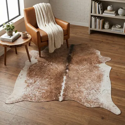Produktbild von Kunstfaser Teppich Rinderfell Braun Creme, Größe:77x100 cm