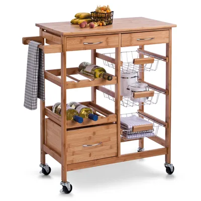 A wooden kitchen trolley with drawers, shelves, and wine racks, displayed on a white background.
