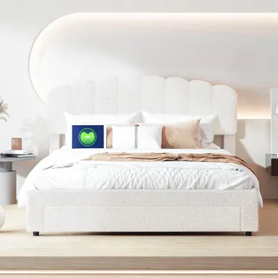 Imagen del producto de Cama tapizada Fortuna Lai de 160x200 cm con cajón y puerto USB, somier y cabecero ajustable, cama doble de estilo juvenil en tejido tipo terciopelo, funcional, color blanco