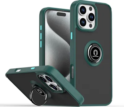 Produktbild von Hülle für iPhone 16 Pro Max Matte Transluzent TPU Stoßfest Schutzhülle mit Ring Halter Ständer dunkelgrün