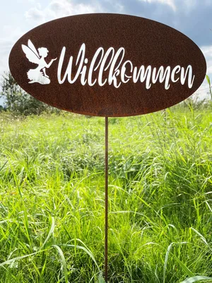 Produktbild von Schild Willkommen mit Elfe zum Stecken 40x20cm + Stab Edelrost Gartenstecker Gartendeko Rost Tafel Spruchtafel Metall Türdekoration Geschenk