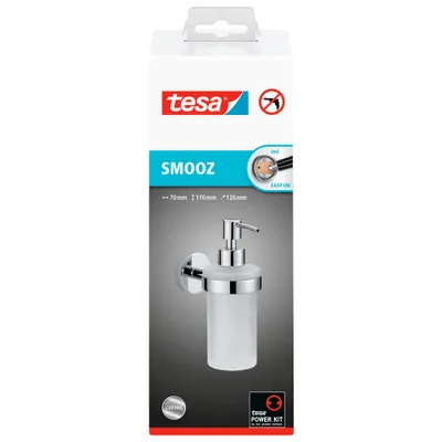Produktbild von Tesa Smooz Seifenspender-Set (NICHT BOHREN, verchromt, satinierte Glasflasche (200ml, nachfüllbar) inkl. Klebelösung, 170mm x 70mm x 126mm) 40323-00000