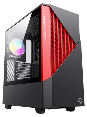 A computer case with a glass side panel, showing internal components and RGB lighting.