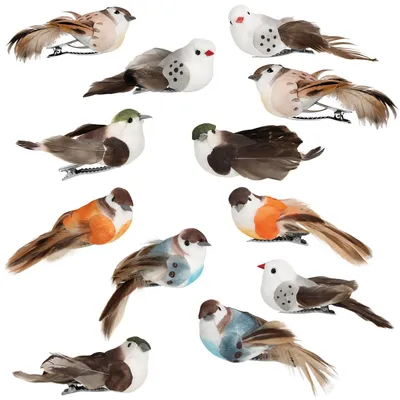 12 Kunstvögel mit Clip, 4 Farben, je 8 cm, Dekoration