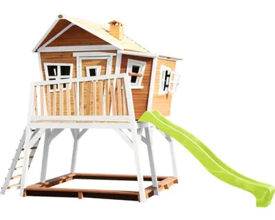 Produktbild von AXI Spielhaus Max mit Sandkasten & hellgrüner Rutsche | Stelzenhaus in Braun & Weiß aus Holz für Kinder | Spielturm mit Wellenrutsche für den